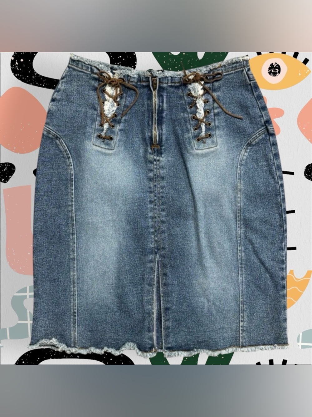 Route 66 | Vintage High Waisted Lace Up Tie Detailing Frayed Edge Denim Skirt